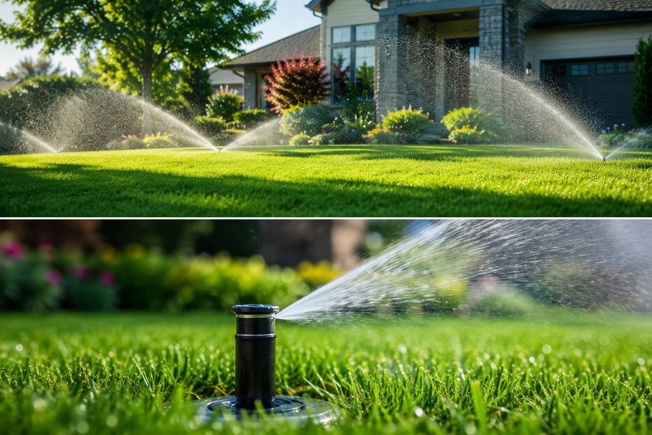 A residential irrigation system running — a full front lawn with multiple pop-up sprinklers and a close-up of a single head spraying across green grass